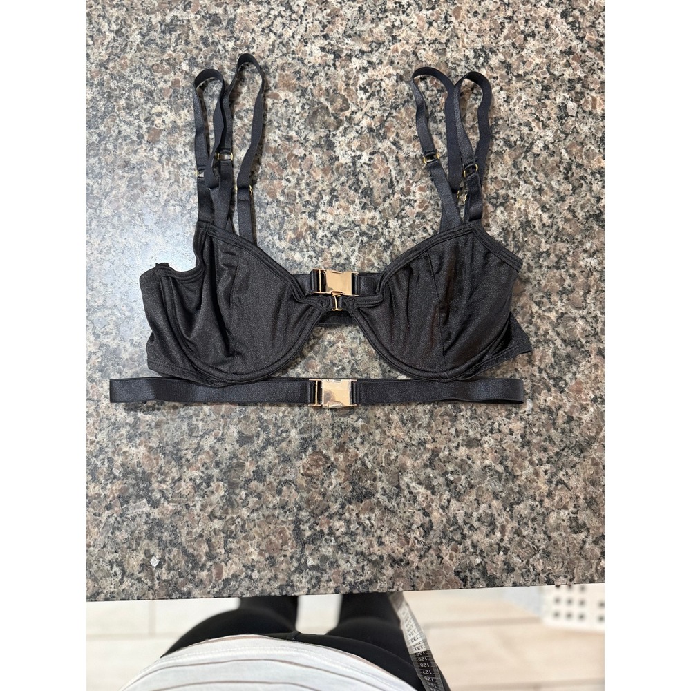 Forplay Black Shimmer Underwire Bra Top Gold Buckle Hardware Strappy Lingerie L